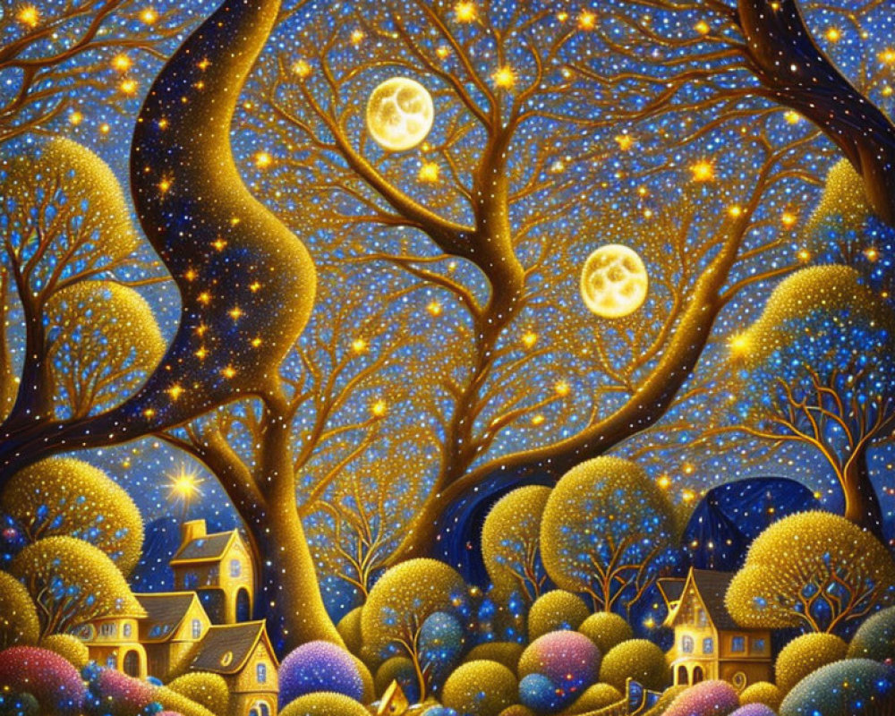 Night scene illustration with glowing star-filled trees, orbs, whimsical houses, colorful hills