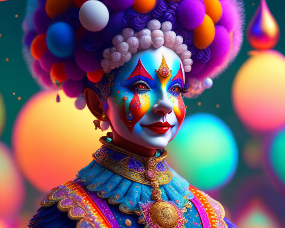 Colorful Clown with Intricate Face Paint and Festive Costume Against Balloons