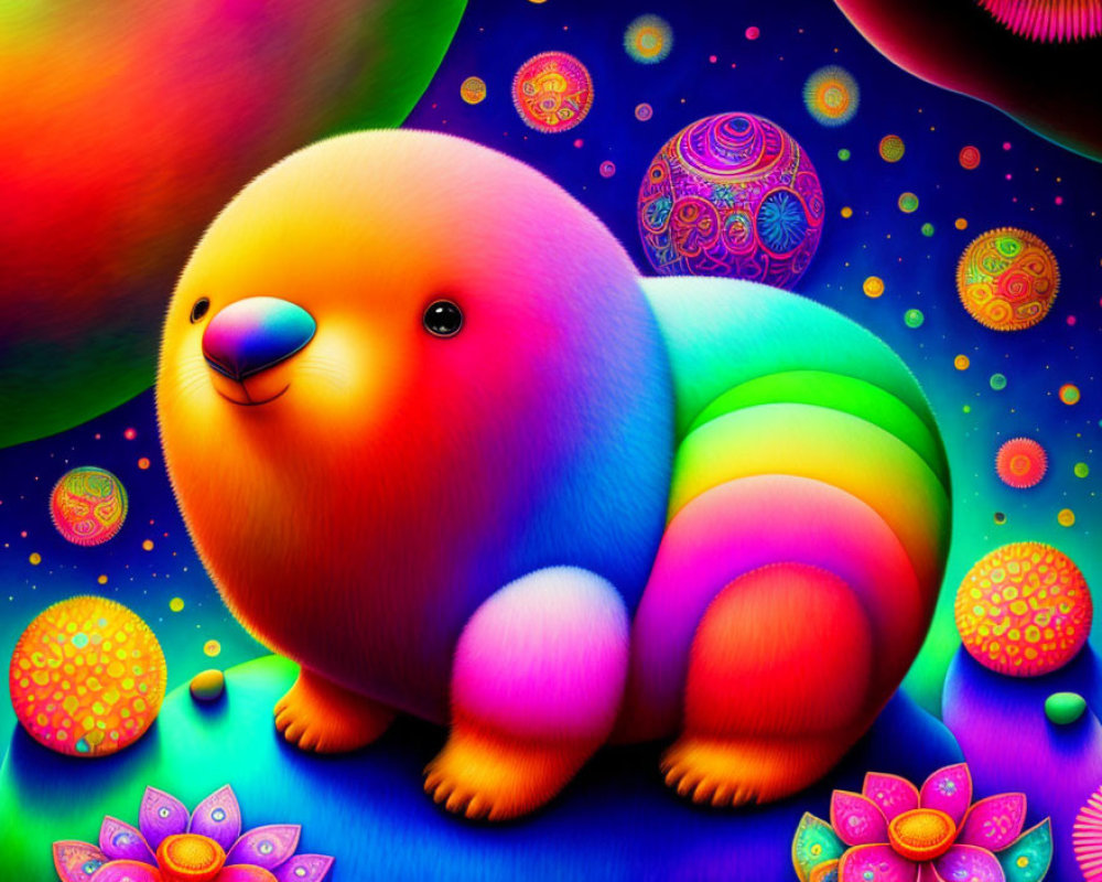 Colorful illustration: Whimsical rainbow creature in psychedelic environment