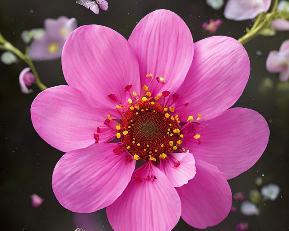 Pink Flower with Yellow Stamens and Butterflies on Soft-focus Background