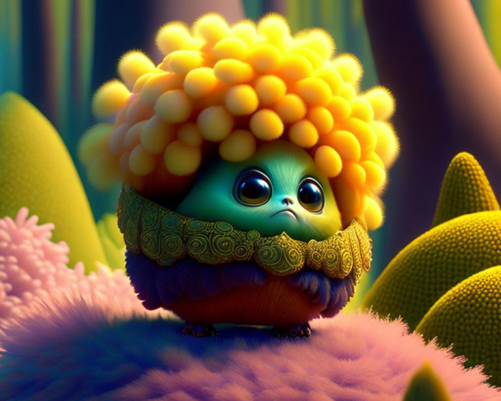 Colorful fluffy fantasy creature with big eyes in vibrant forest setting