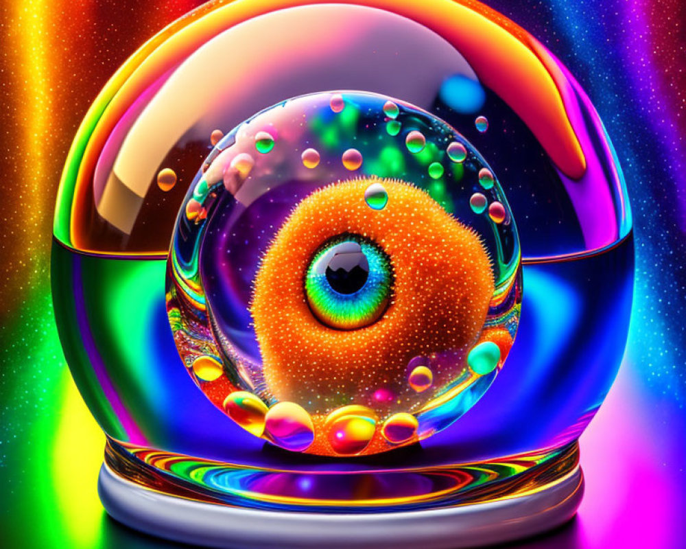 Colorful digital artwork: Eye in translucent spheres on neon rainbow backdrop