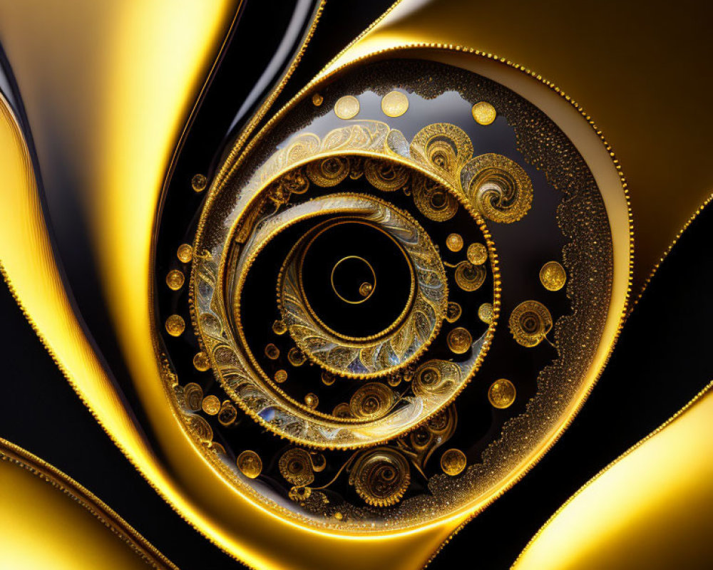 Intricate Golden Fractal Spiral on Black Background