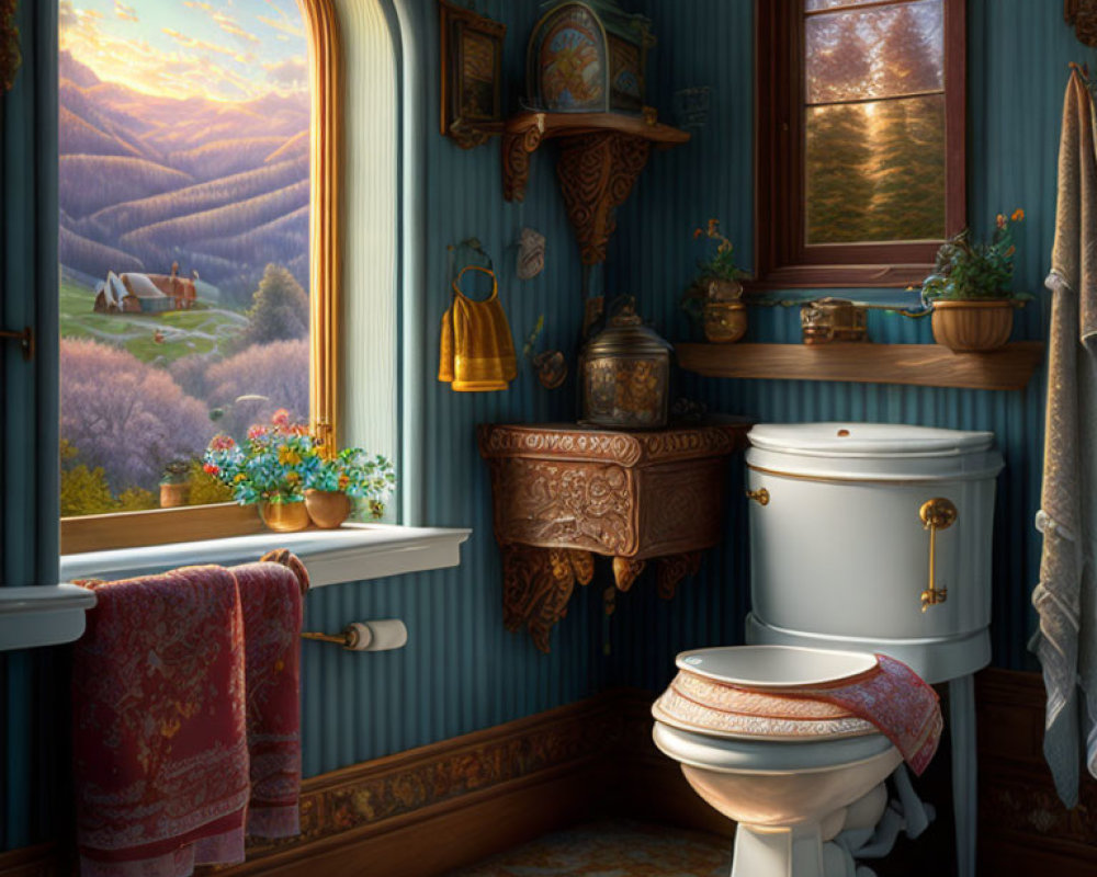 Decorative Vintage-Style Bathroom with Mountain View