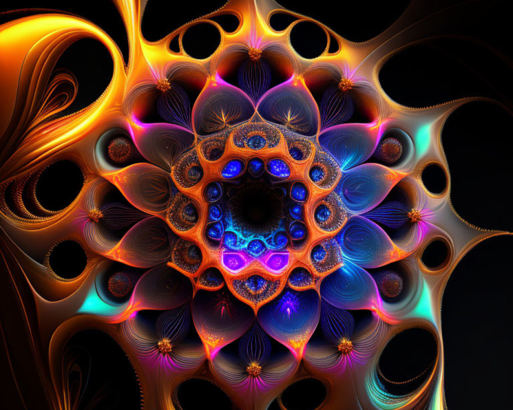 Intricate Orange and Blue Fractal Patterns on Dark Background