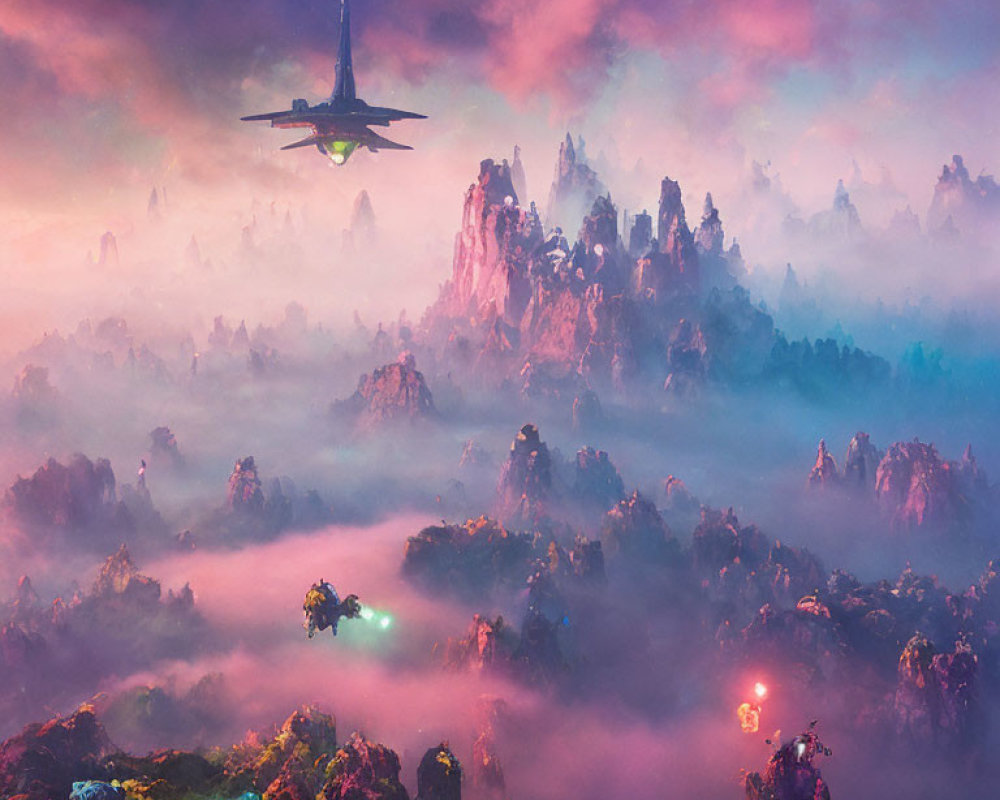 Fantastical landscape with futuristic tower and flying crafts