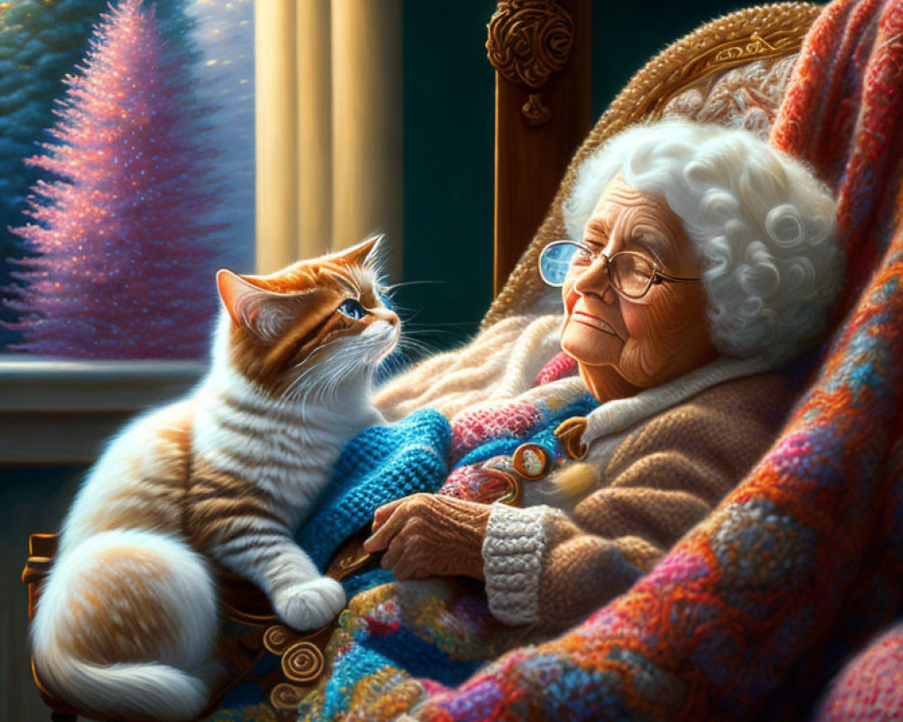 Elderly woman with glasses and knitted shawl admires ginger cat by snowy window