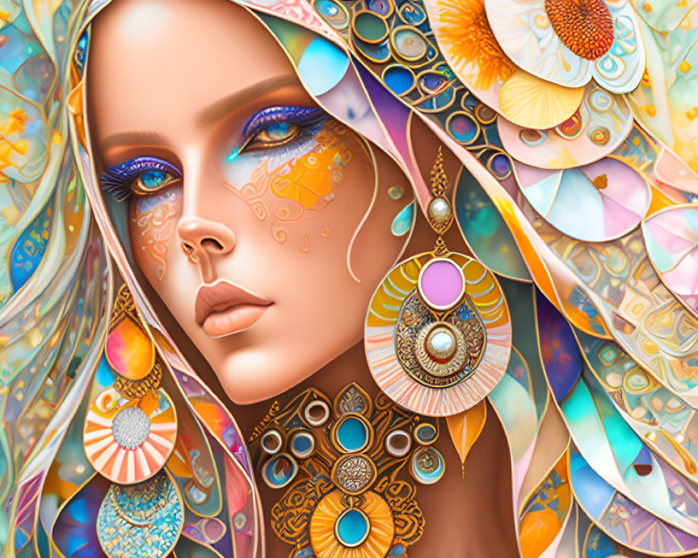 Detailed illustration of woman with intricate jewelry and colorful headscarf