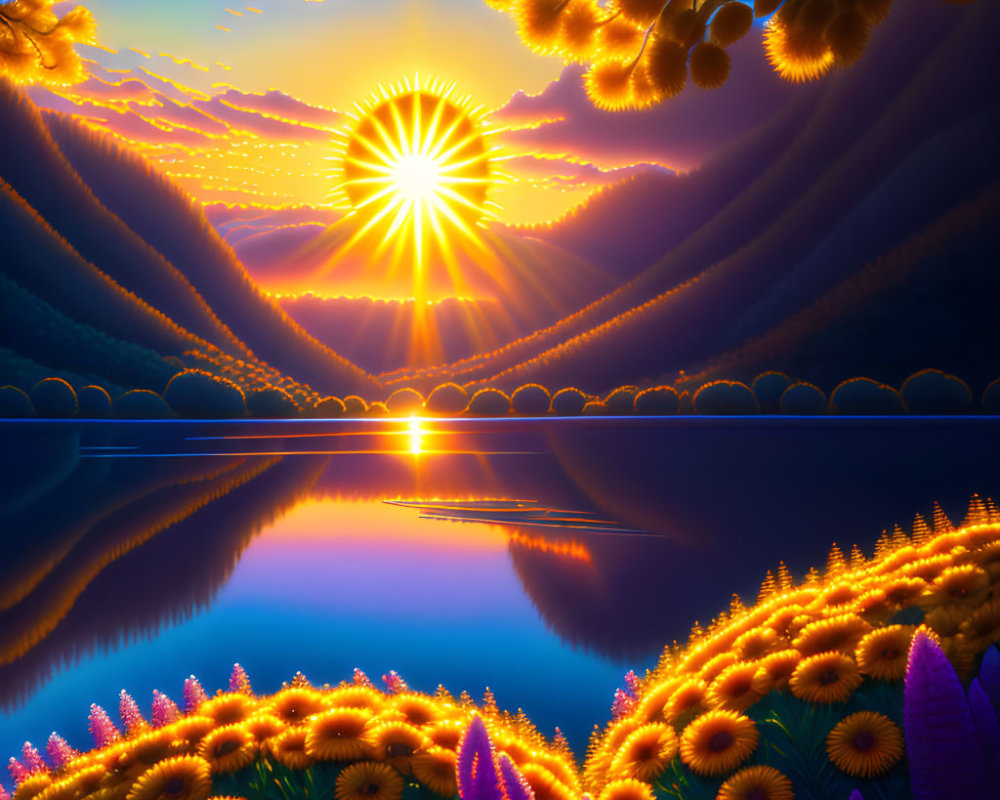 Digital artwork of surreal sunset with sunflowers and calm waters