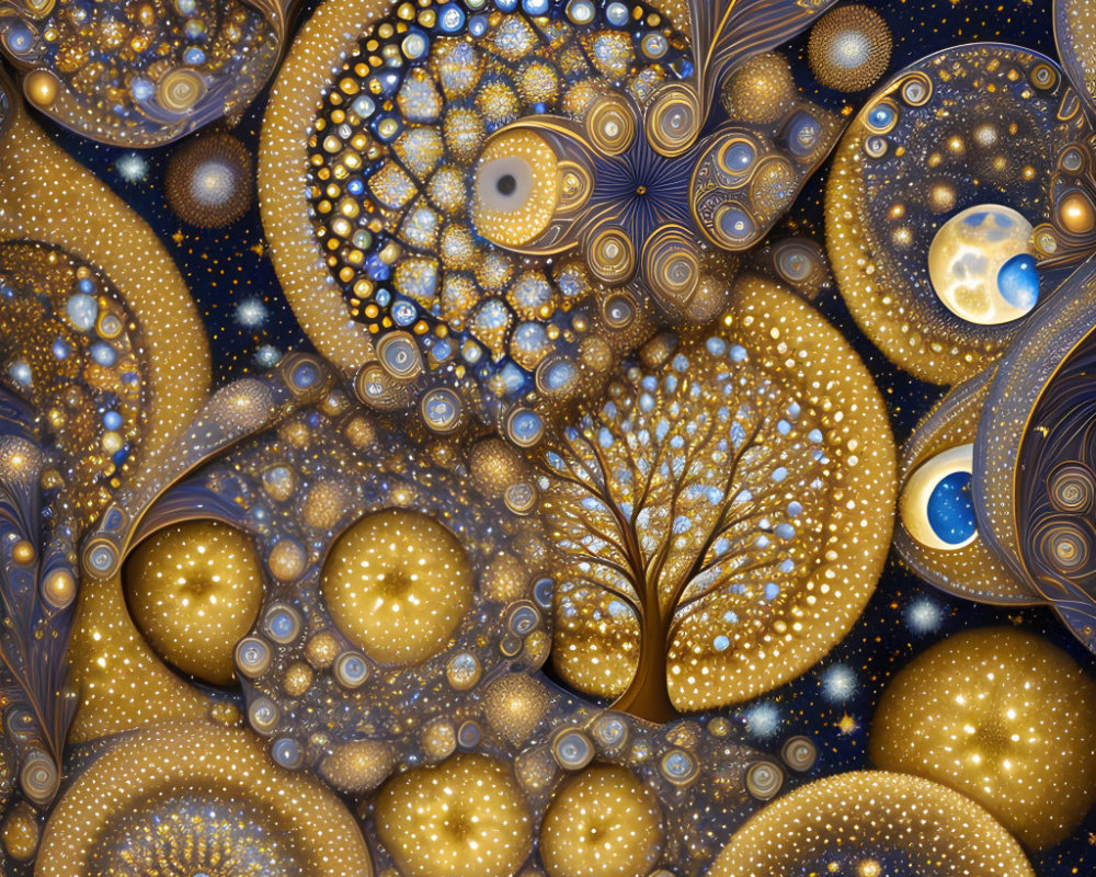 Golden tree with celestial patterns and yin-yang symbol in digital art