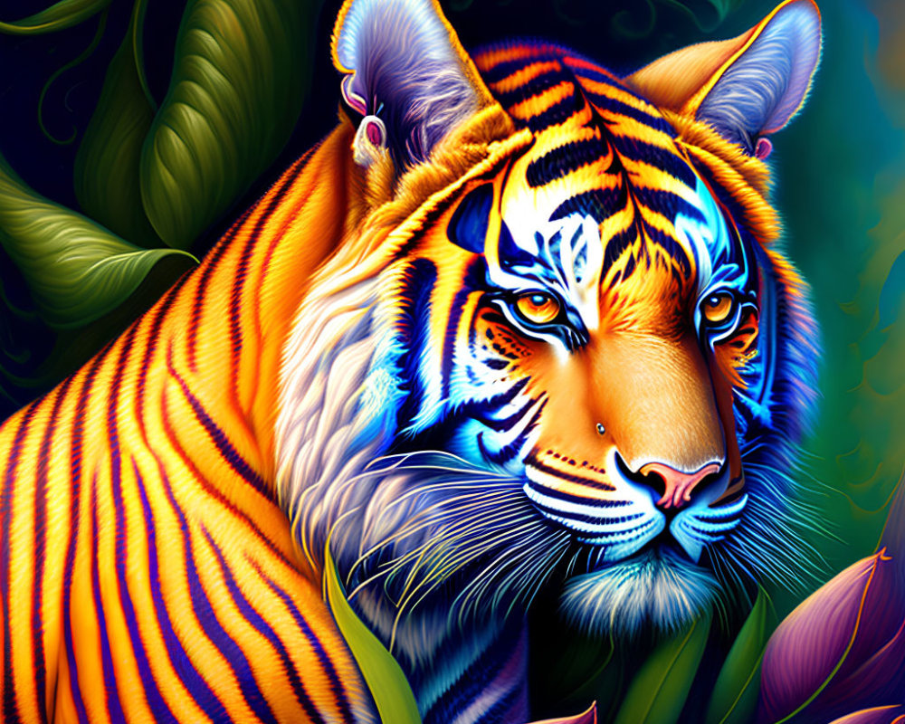 Colorful Tiger Artwork with Orange, Black, and Blue Stripes