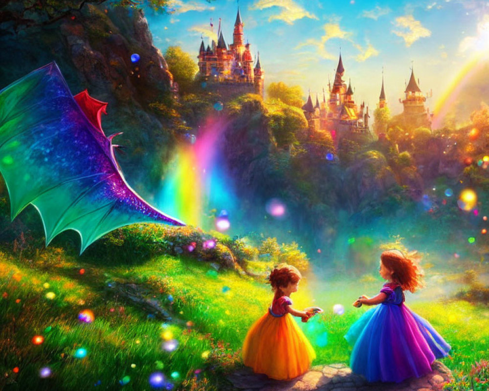 Two girls in princess dresses in magical forest with castle and dragon tail.