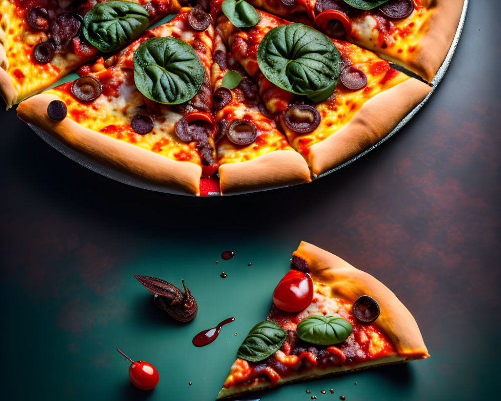 Pepperoni pizza slice with melted cheese, basil leaves, cherry tomato, and spices on dark background