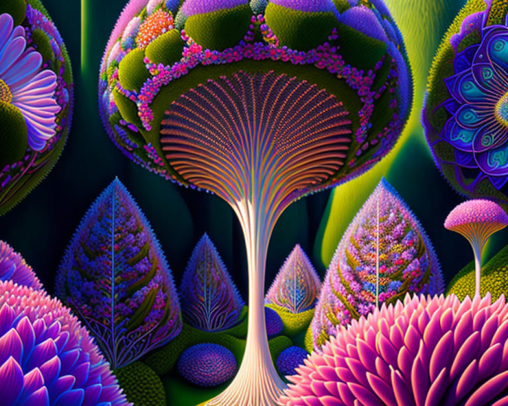 Colorful digital artwork of neon forest with tree-like structures and patterned flowers