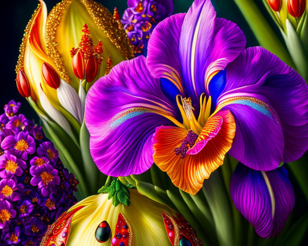 Colorful purple and orange flower with jewel-like details on dark background