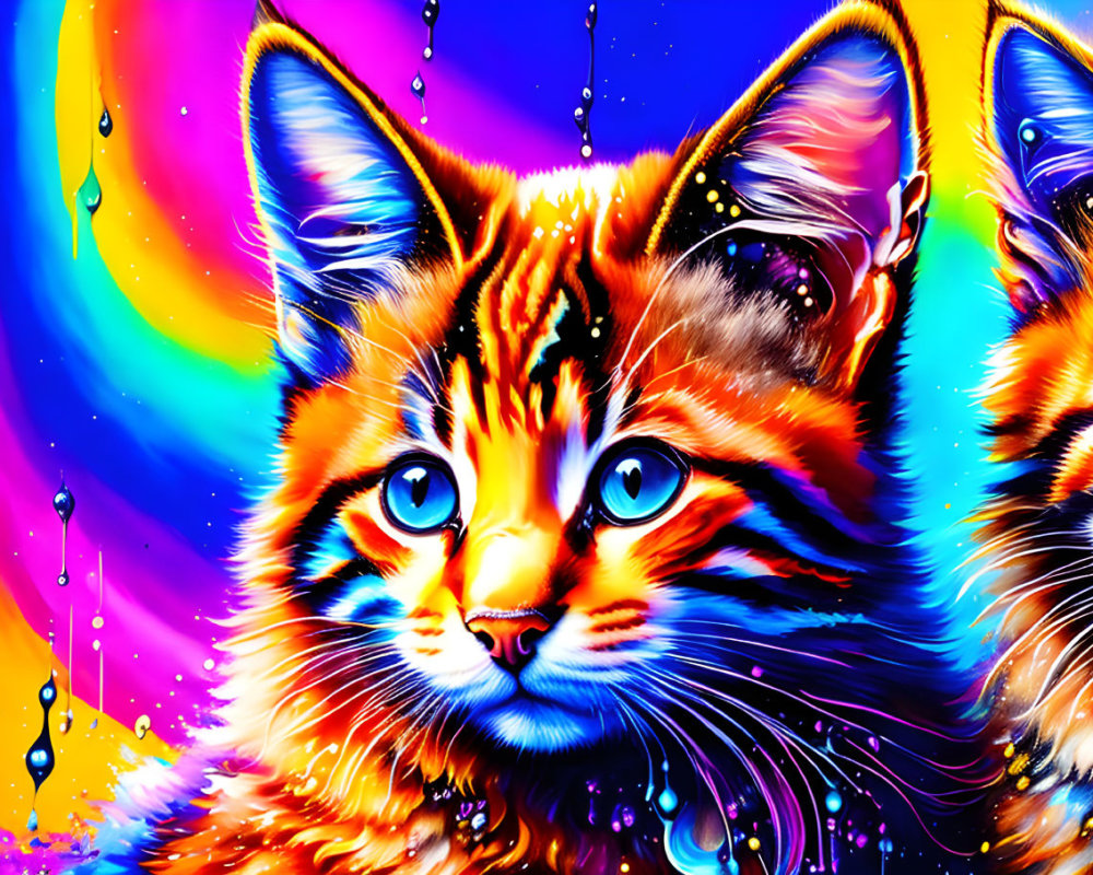 Colorful Psychedelic Artwork of Cat with Blue Eyes and Dripping Paint