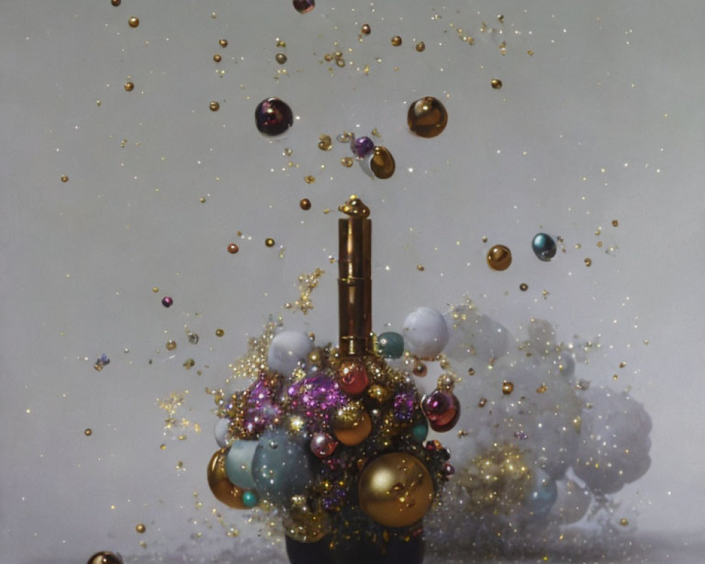 Colorful orbs and bubbles in surreal black vase art