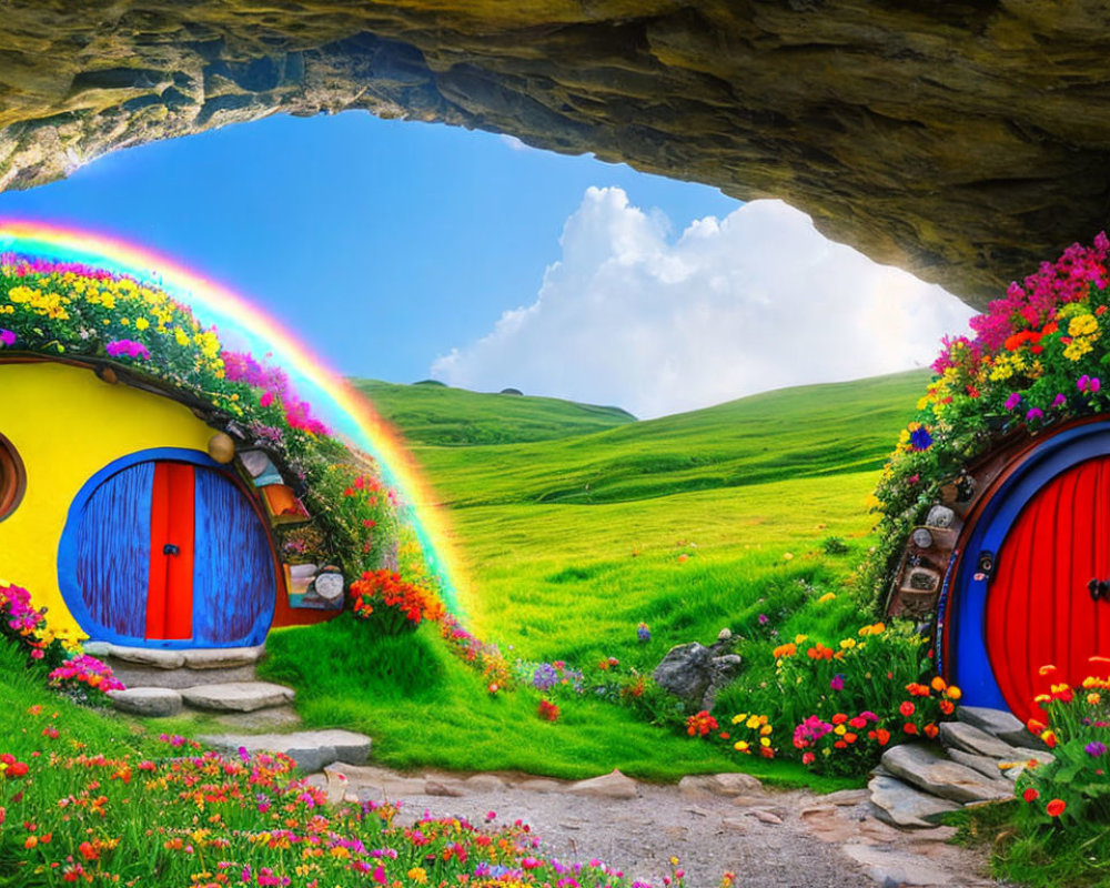 Colorful hobbit-style round doors in lush green landscape under vibrant rainbow