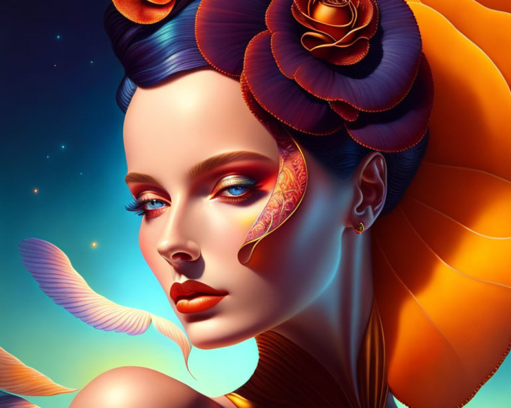 Digital artwork: Woman with floral hair adornments in warm tones and serene expression on starry background