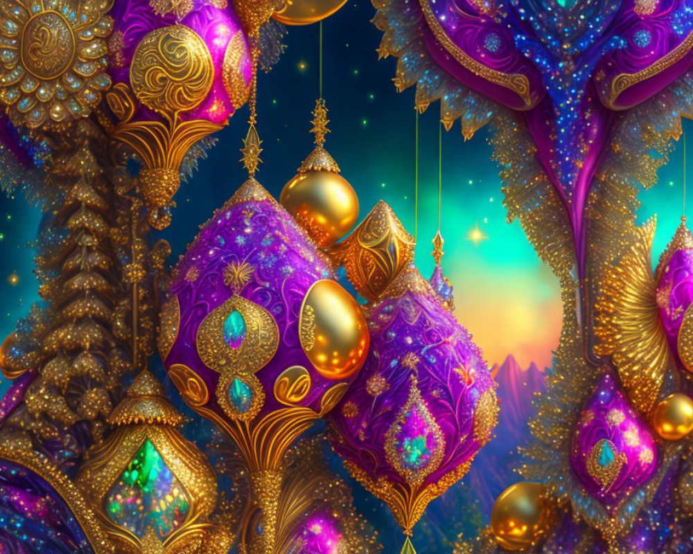 Detailed Purple and Gold Holiday Decor on Soft Glowing Background