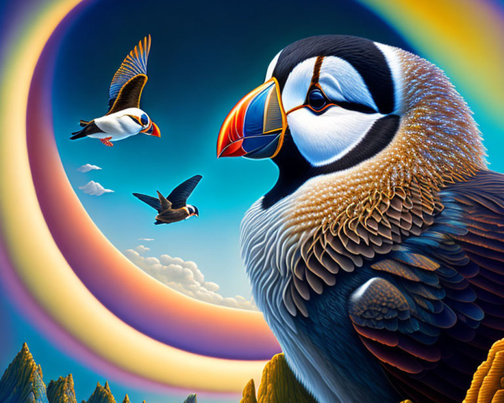 Colorful puffin illustration with flying birds and surreal sky circles.