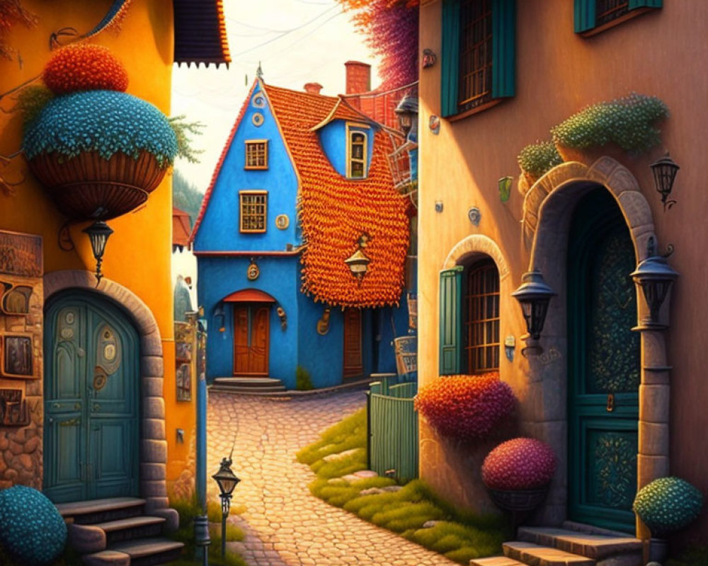 Colorful Curved Houses on Cobblestone Street at Sunset