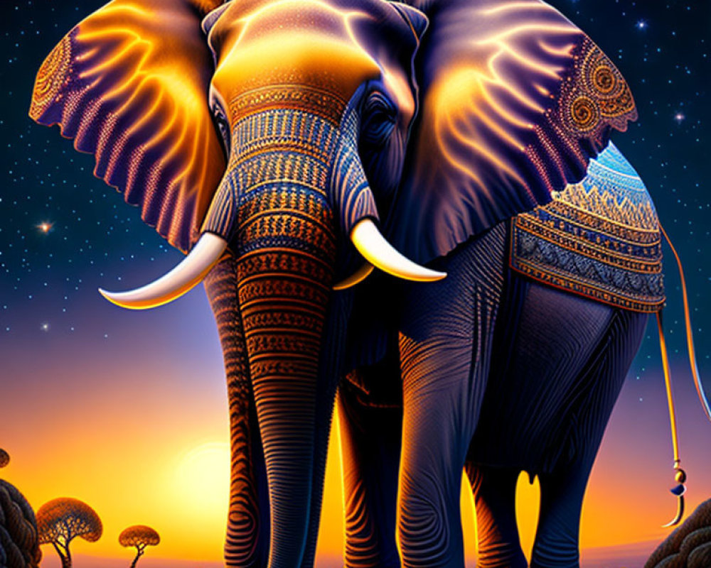 Colorful Digital Artwork: Glowing Elephant in Fantastical Setting