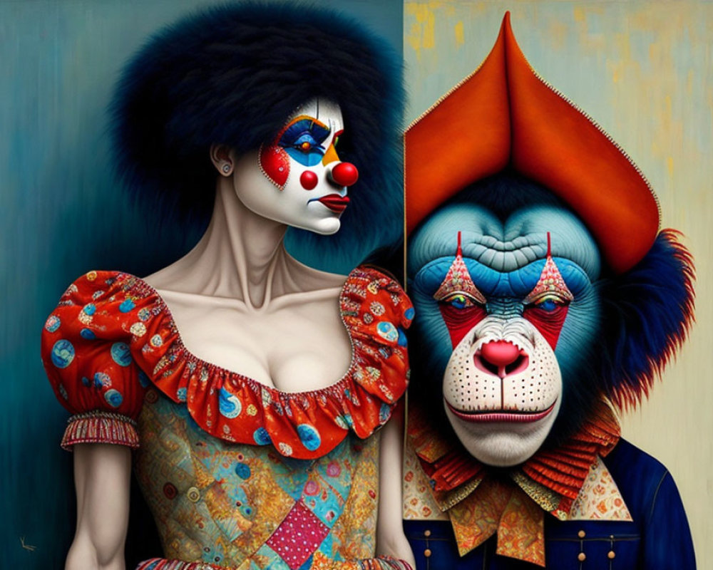 Surreal portraits of female and male figures in clown makeup and attire with monkey faces