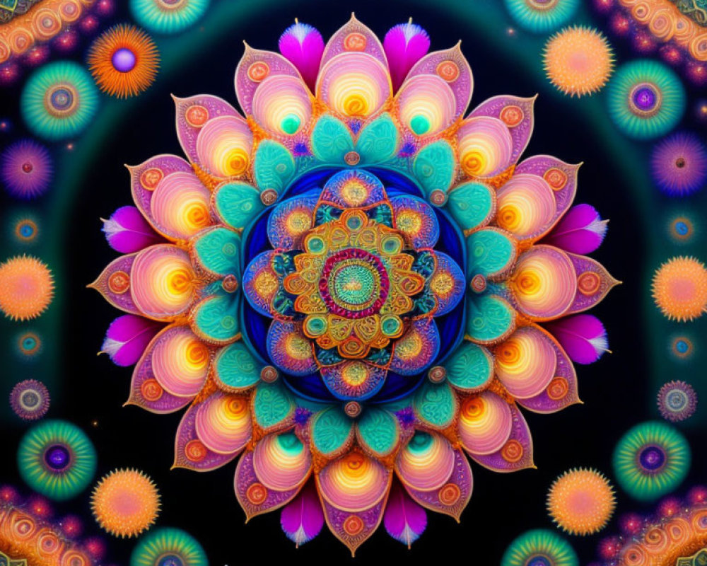 Intricate multicolored digital mandala with symmetrical floral design