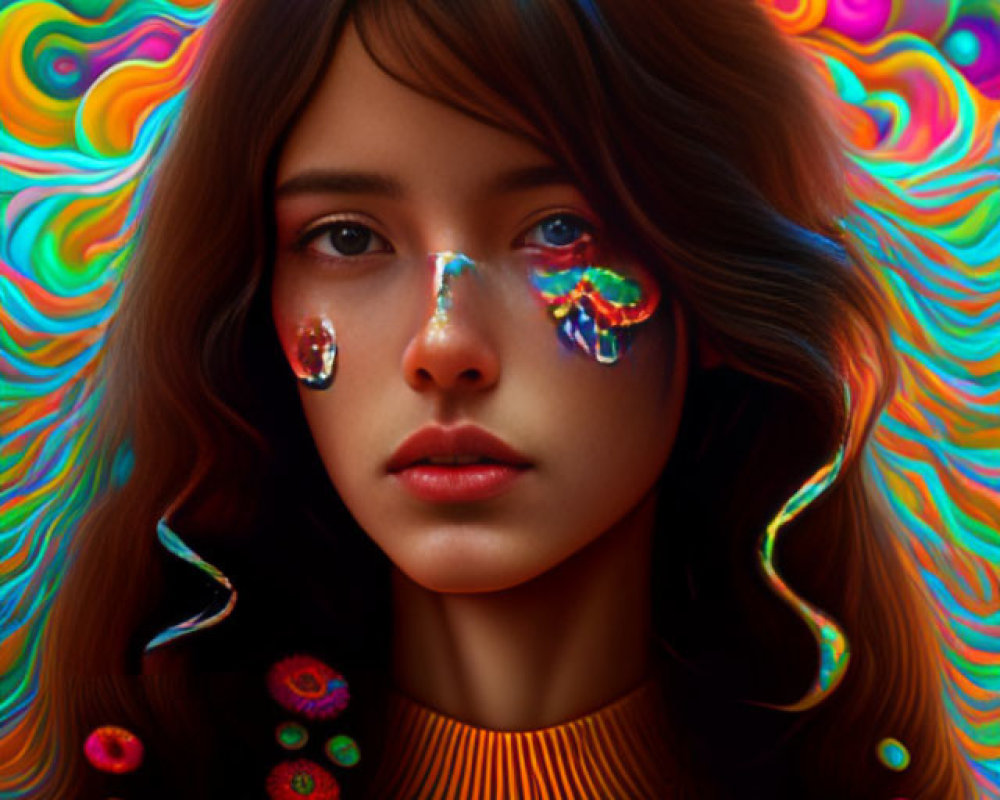 Brown-haired woman with teardrop crystals on psychedelic background