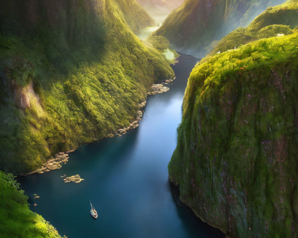 Tranquil river in lush valley with sailboat under sunny sky