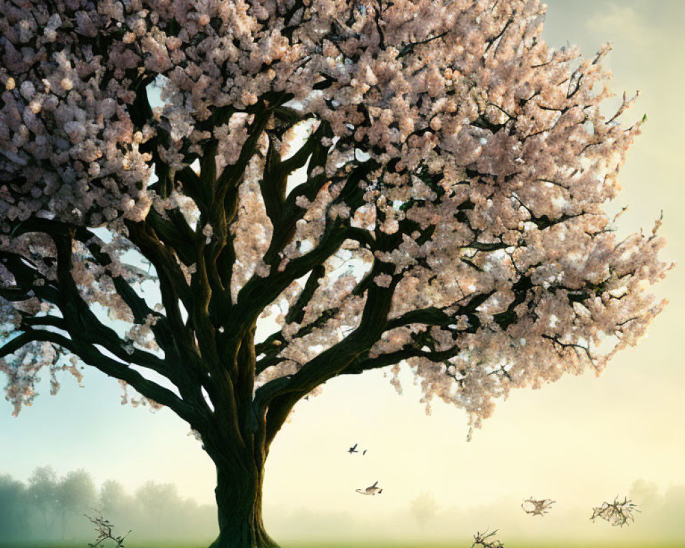 Majestic Cherry Blossom Tree in Full Bloom with Birds in Flight