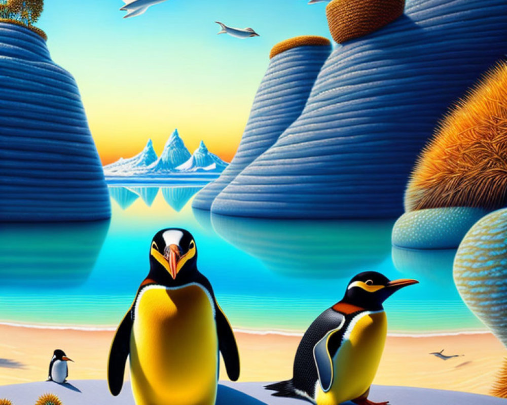 Colorful Stylized Penguins in Surreal Landscape