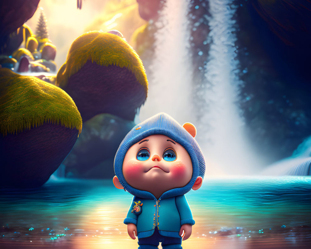 Animated character in blue hoodie by serene waterfall