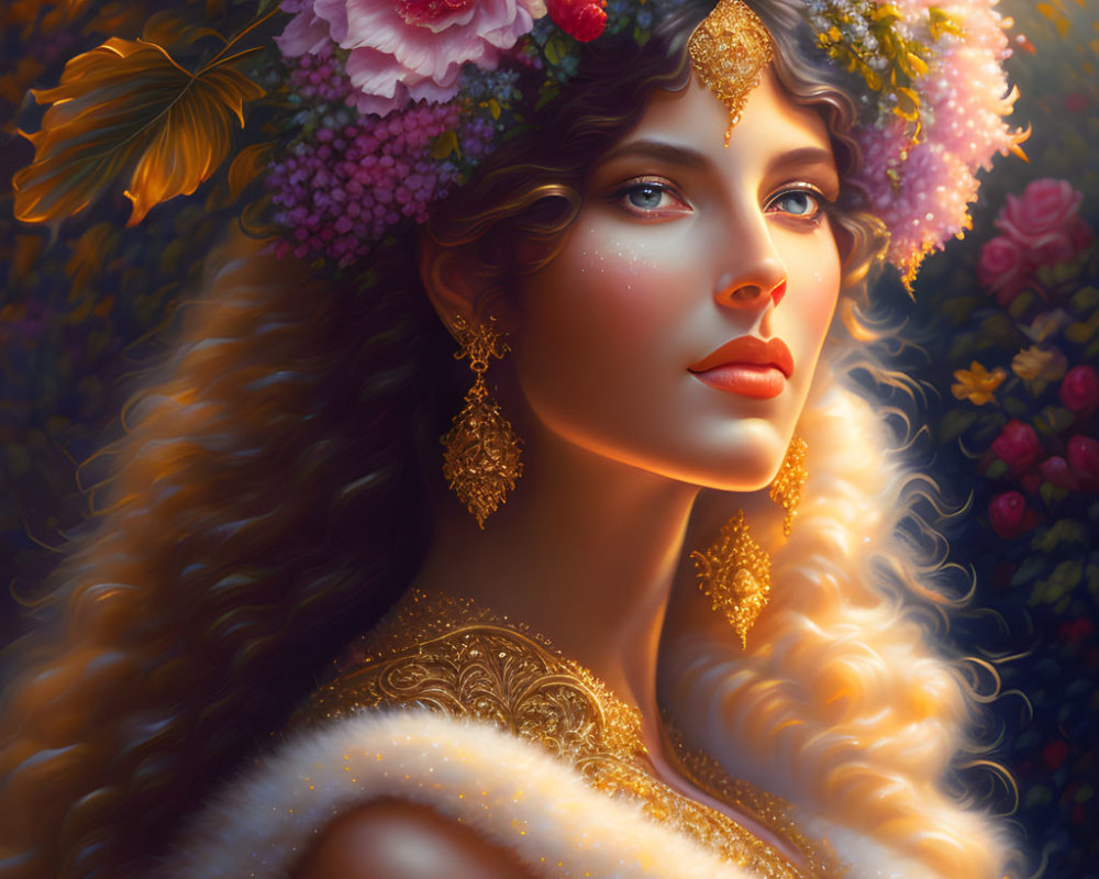 Ethereal portrait of woman with golden jewelry and floral crown