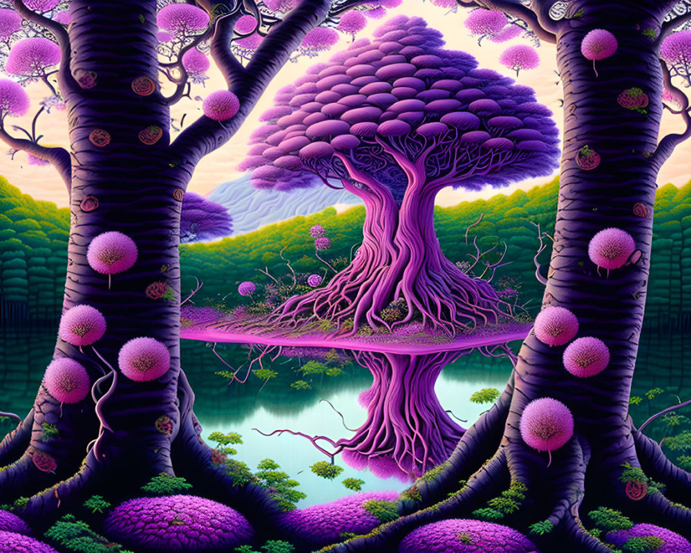 Surreal landscape with purple trees, turquoise lake, green-purple sky