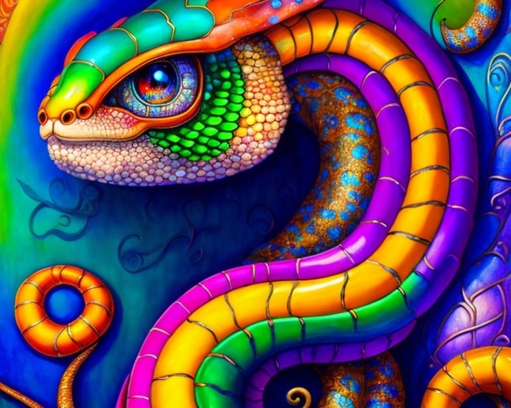 Colorful Snake Illustration with Green, Orange, and Purple Scales