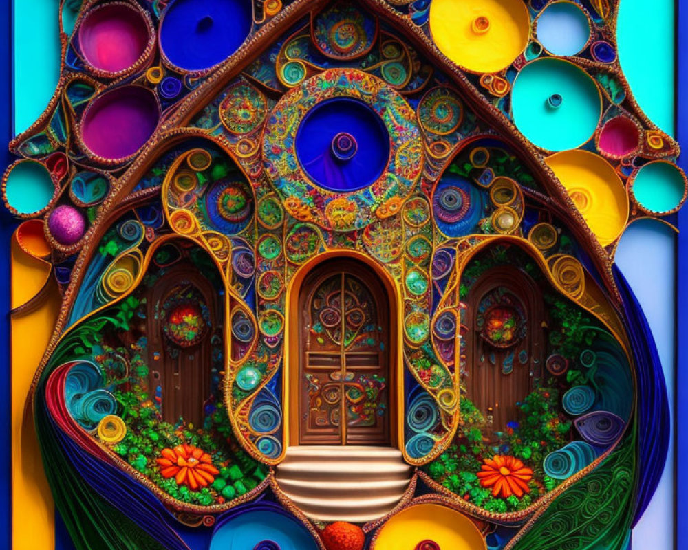 Colorful Fantasy Door with Peacock Feather Patterns