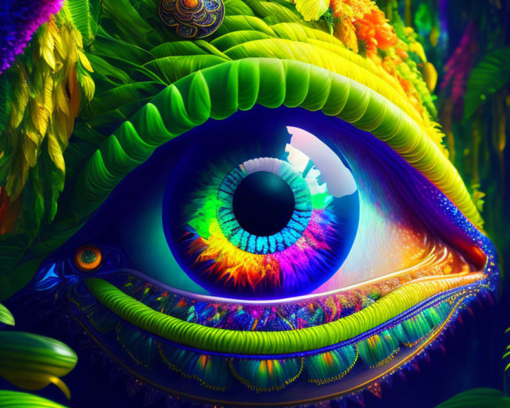 Colorful Digital Artwork: Eye with Patterns in Lush Foliage