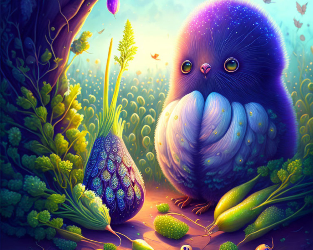 Fluffy bird-like creature with large eyes and glowing egg in enchanted forest