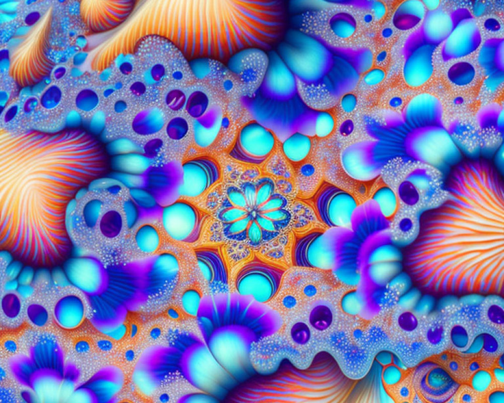 Colorful digital fractal image with swirls, bubbles, and floral shapes in blue, orange,