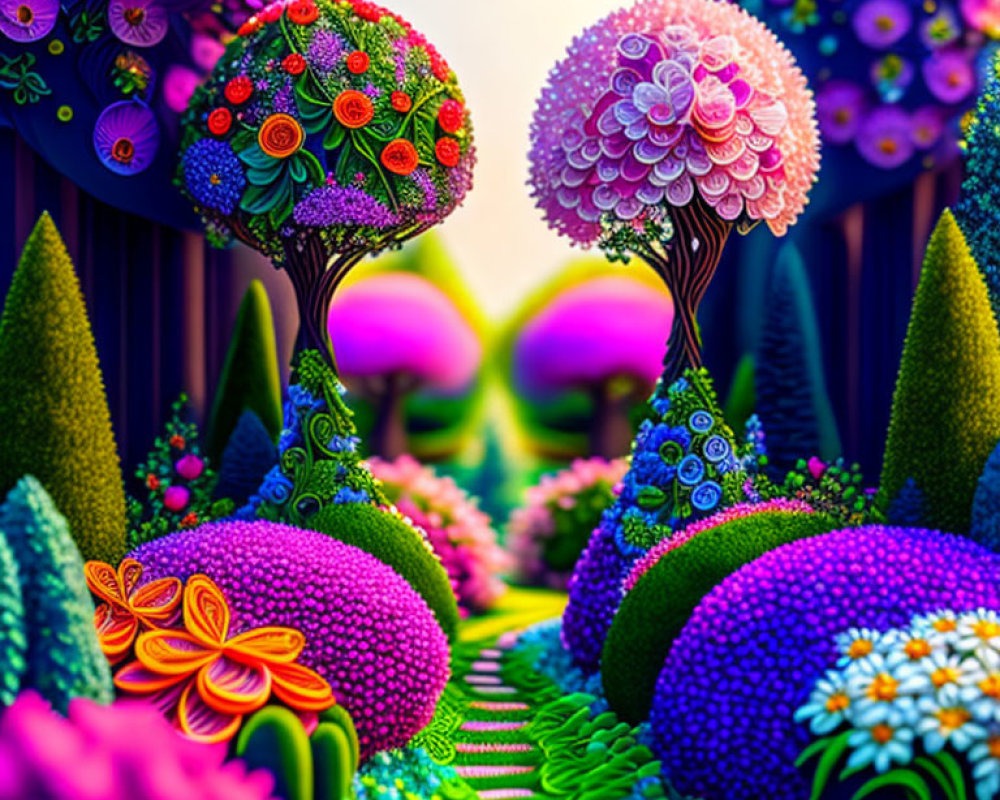 Colorful Fantasy Garden with Whimsical Flower Trees in Purple Setting