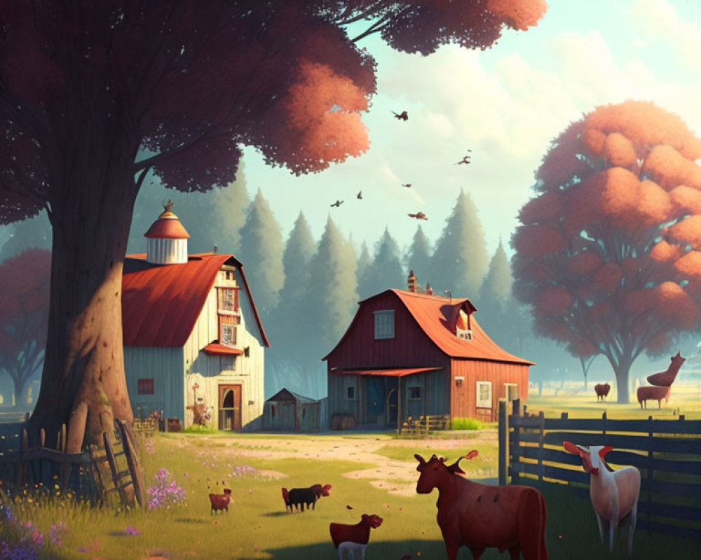 Tranquil farm scene with grazing animals, red barn, trees, and birds on sunny day