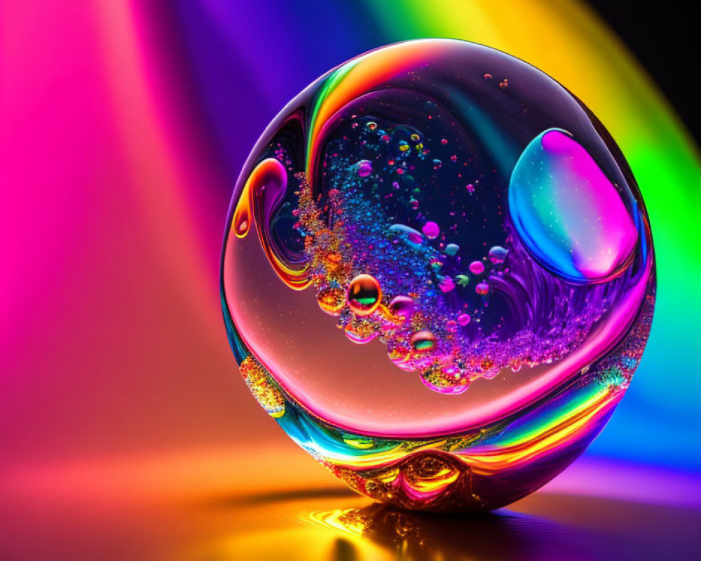 Colorful Crystal Ball on Rainbow Background with Reflective Bubbles