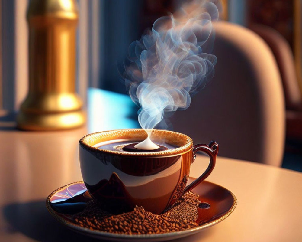 Steaming cup of coffee with heart design, surrounded by beans in cozy setting