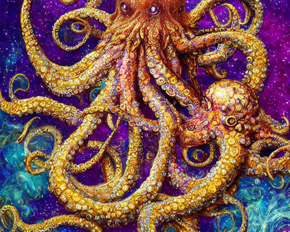 Colorful Golden Octopus with Cosmic Underwater Background