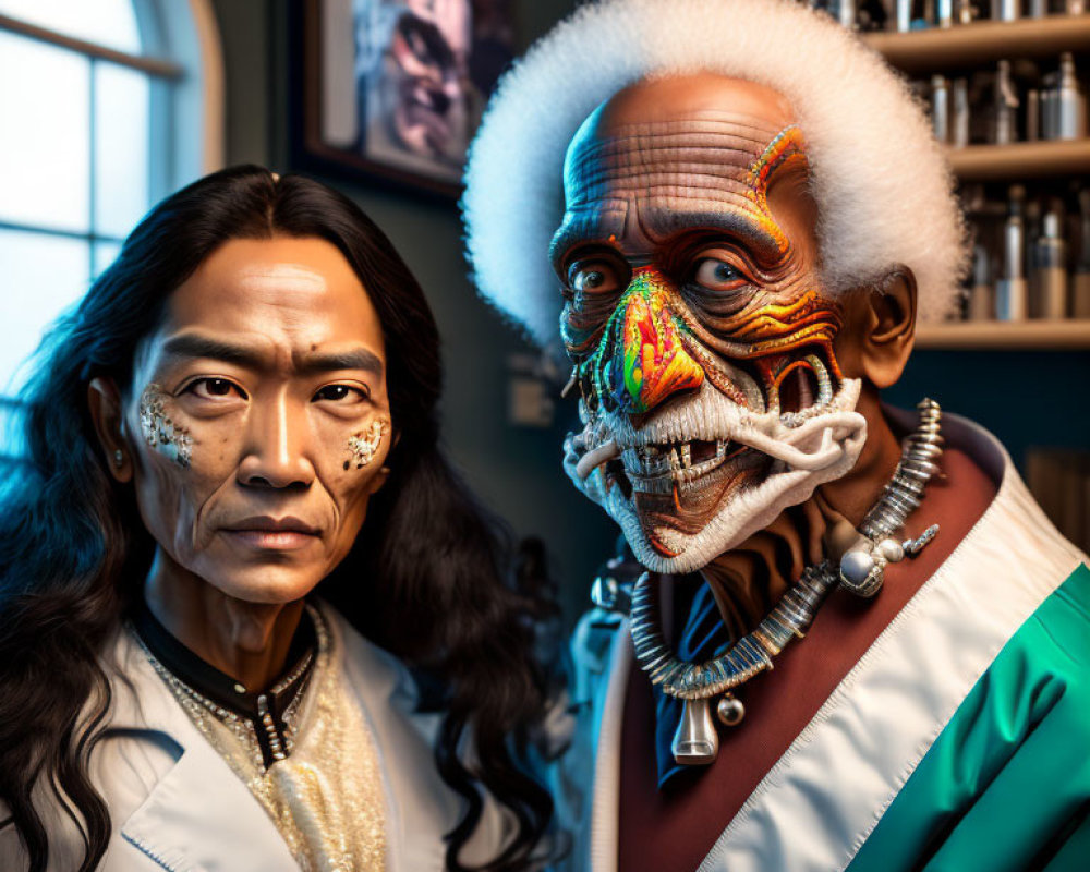 Elaborate skeletal facial makeup on two people in room with shelves and portrait