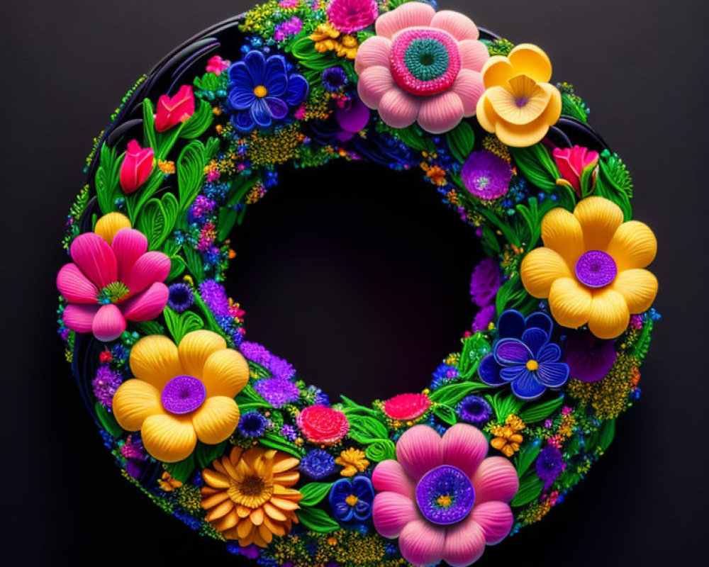 Colorful Floral Wreath on Black Background