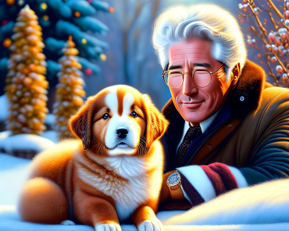 Silver-Haired Man and Dog Sitting on Snowy Bench