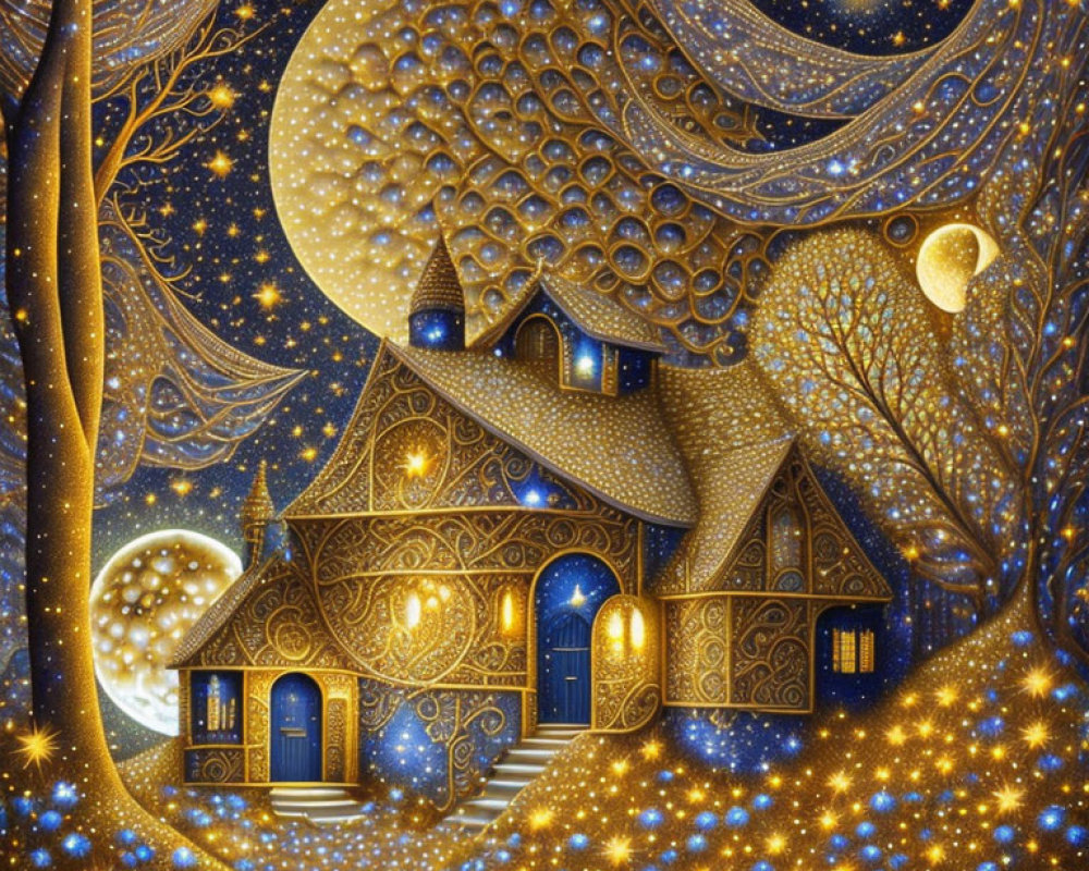 Illustration of golden house in starry night with glowing windows